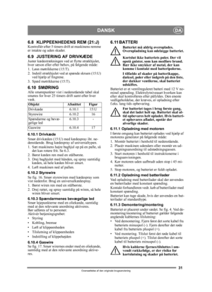 Page 3131
DANSKDA
Oversættelse af den originale brugsanvisning
6.8 KLIPPEENHEDENS REM (21:J)Kontrollér efter 5 timers drift at maskinens remme 
er intakte og uden skader.
6.9 JUSTERING AF DRIVKÆDEJuster kædestrækningen ved at flytte strækhjulet, 
hver sæson eller efter behov, på følgende måde:
1. Løsn møtrikkerne (15:T).
2. Indstil strækhjulet ved at spænde skruen (15:U)  ved hjælp af fingrene.
3. Spæd møtrikkerne (15:T).
6.10 SMØRINGAlle smørepunkter vist i  nedenstående tabel skal 
smøres for hver 25 timers...