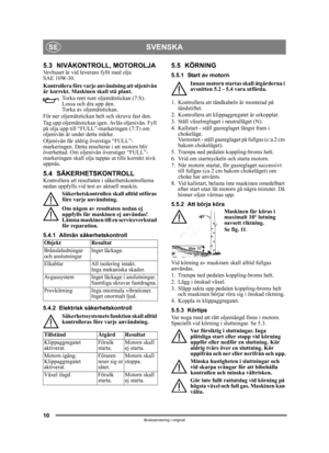 Page 1010
SVENSKASE
Bruksanvisning i original
5.3 NIVÅKONTROLL, MOTOROLJA Vevhuset är vid leverans fyllt med olja 
SAE 10W-30.
Kontrollera före varje användning att oljenivån 
är korrekt. Maskinen skall stå plant.
Torka rent runt o ljemätstickan (7:S). 
Lossa och dra upp den. 
Torka av oljemätstickan. 
För ner oljemätstickan he lt och skruva fast den.
Tag upp oljemätstickan igen. Avläs oljenivån. Fyll 
på olja upp till “FULL”-markeringen (7:T) om 
oljenivån är under detta märke.
Oljenivån får aldrig överstiga...