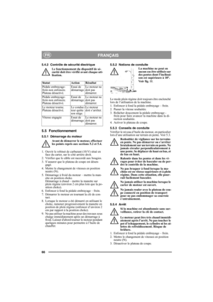 Page 6666
FRANÇAISFR
5.4.2 Contrôle de sécurité électrique
Le fonctionnement du dispositif de sé-
curité doit être vérifié avant chaque uti-
lisation.
5.5 Fonctionnement
5.5.1 Démarrage du moteur
Avant de démarrer le moteur, effectuer 
les points repris aux sections 5.2 et 5.4.
1.  Ouvrir le robinet de carburant (10:V) situé en 
face du carter, sur le côté arrière droit.
2.  Vérifier que le câble est raccordé aux bougies.
3.  S’assurer que le plateau de coupe est désen-
gagé. 
4. Mettre le changement de...