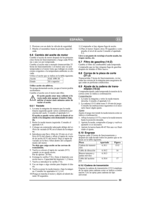 Page 2323
ESPAÑOLES
2. Presione con un dedo la válvula de seguridad.
3. Hinche el neumático hasta la presión especifi-
cada.
6.6 Cambio del aceite de motorCambie el aceite de motor después de las primeras 
cinco horas de funcionamiento y luego cada 50 ho-
ras o una vez por temporada. 
Cambie el aceite más a menudo (transcurridas 25 
horas de funcionamiento o al menos una vez por 
temporada) si el motor tiene que trabajar en condi-
ciones exigentes o la temperatura ambiente es ele-
vada.
Utilice el aceite que se...