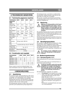 Page 103103
NEDERLANDSNL
2 TECHNISCHE GEGEVENS
2.1 Technische gegevens machine
2.2 Combinatie met maaidek
Neem contact op met een erkende dealer voor 
meer informatie en lees de volgende instructies.
3 BESCHRIJVING
3.1 AandrijvingDe machine heeft vierwielaandrijving. Het motor-
vermogen wordt hydraulisch op de wielen overge-
bracht. De vier wielen hebben afzonderlijke 
hydraulische motoren. De dieselmotor stuurt een 
oliepomp (3:P) aan die olie door de hydraulische 
motoren (3:M) van de wielen pompt. 
De...