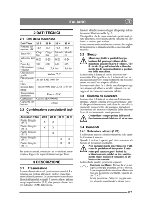 Page 117117
ITALIANO IT
2 DATI TECNICI
2.1 Dati della macchina
2.2 Combinazione con piatto di tagl-io
Per altri accessori, contattare un rivenditore autor-
izzato e leggere le seguenti istruzioni per luso.
3 DESCRIZIONE
3.1 TrasmissioneLa macchina è dotata di quattro ruote motrici. La 
potenza dal motore alle ruote motrici viene tras-
messa idraulicamente. Le quattro ruote sono dotate 
di motori idraulici separati. Il motore diesel aziona 
una pompa idraulica (3:P), che pompa olio nei mo-
tori idraulici (3:M)...