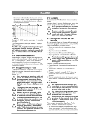 Page 125125
ITALIANO IT
Riscaldare lolio idraulico lasciando il motore 
acceso a ¼ di gas e con la macchina ferma. Las-
ciare acceso per alcuni minuti, come indicato 
nel diagramma seguente.
Esempio: A -10°C lasciare acceso per 18 minuti a 
¼ di gas.
Utilizzare sempre il pieno gas durante l’impiego 
della macchina.
Per 26H e 32H, si applica tuttavia quanto segue:
Per impedire aumenti inutili di pressione 
nellimpianto idraulico, regolare il comando del 
gas a 1/4 prima dellinnesto della PTO idrauli-
ca.
5.10...