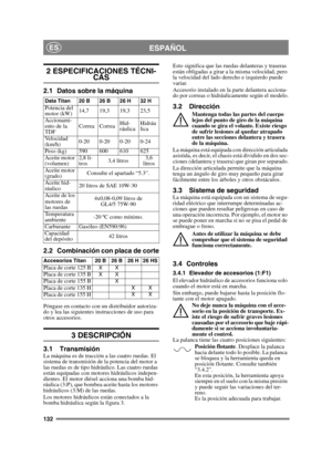 Page 132132
ESPAÑOLES
2 ESPECIFICACIONES TÉCNI-CAS
2.1 Datos sobre la máquina
2.2 Combinación con placa de corte
Póngase en contacto con un distribuidor autoriza-
do y lea las siguientes instrucciones de uso para 
otros accesorios.
3 DESCRIPCIÓN
3.1 TransmisiónLa máquina es de tracción a las cuatro ruedas. El 
sistema de transmisión de la potencia del motor a 
las ruedas es de tipo hidráulico. Las cuatro ruedas 
están equipadas con motores hidráulicos indepen-
dientes. El motor diésel acciona una bomba hid-...