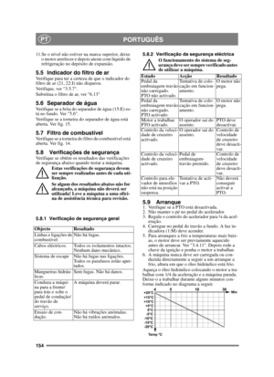 Page 154154
PORTUGUÊSPT
11.Se o nível não estiver na marca superior, deixe o motor arrefecer e depois ateste com líquido de 
refrigeração no depósito de expansão.
5.5 Indicador do filtro de arVerifique para ter a certeza de que o indicador do 
filtro de ar (21, 22:I) não disparou. 
Verifique, ver 3.5.7.
Substitua o filtro de ar, ver 6.13
5.6 Separador de águaVerifique se a bóia do separador de água (15:E) es-
tá no fundo. Ver 5.6.
Verifique se a torneira do separador de água está 
aberta. Ver fig. 15.
5.7 Filtro...