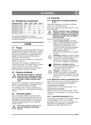 Page 219219
SLOVENSKOSL
3.2 Združljivost s kosilnicami
Glede drugih priključkov povprašajte 
pooblaš čenega prodajalca in upoštevajte naslednja 
navodila za uporabo.
4 OPIS
4.1 PogonStroj ima pogon na vsa štiri kolesa. Moč  motorja se 
na pogonska kolesa prenaša hidravli čno. Vsako od 
štirih koles je opremljeno s svojim hidravli čnim 
motorjem. Dizelski motor poganja hidravli čno 
č rpalko (3:P), ki dobavlja olje hidravlič nim 
motorjem (3:M) na kolesih. 
Hidravli čni motorji so priklju čeni na hidravli čno 
č...
