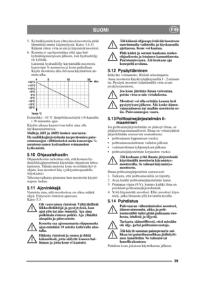 Page 2929
SUOMIFIN
5.  Kylmäkäynnityksen yhteydessä moottoria pitää lämmittää ennen käynnistystä. Katso 3.4.11. 
Käännä sitten virta-avain ja käynnistä moottori.
6. Konetta ei saa kuormittaa eikä ajaa heti  kylmäkäynnistyksen jälkeen, kun hydrauliöljy 
on kylmää.
Lämmitä hydrauliöljy käyttämällä moottoria 
kaasuvipu ¼ asennossa ja kone paikallaan. 
Käytä moottoria alla olevassa käyrästössä an-
nettu aika.
Esimerkki: -10 °C lämpötilassa käytä 1/4-kaasulla  i 18 minuutin ajan.
Käytön aikana kaasuvivun tulisi aina...