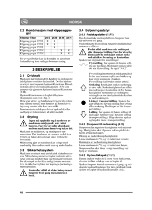 Page 4848
 NORSKNO
2.2 Kombinasjon med klippeaggre-gat
For øvrig tilbehør kan du kontakte en autorisert 
forhandler og lese vedlagte bruksanvisning.
3 BESKRIVELSE
3.1 DrivkraftMaskinen har firehjulsdrift. Kraften fra motoren til 
drivhjulene overføres hydraulisk. De fire hjulene 
er utstyrt med separate hydraulikkmotorer. Diesel-
motoren driver en hydraulikkpumpe (3:P) som 
pumper olje gjennom hjulenes hydraulikkmotorer 
(3:M). 
Hydraulikkmotorene er koplet til hydrau-
likkpumpen som vist i fig. 3.
Dette gjør...