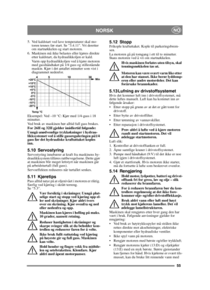 Page 5555
 NORSKNO
5.  Ved kaldstart ved lave temperaturer skal mo-toren tennes før start. Se 3.4.11. Vri deretter 
om startnøkkelen og start motoren.
6. Maskinen må ikke belastes eller kjøres direkte  etter kaldstart, da hydraulikkoljen er kald.
Varm opp hydraulikkoljen ved å kjøre motoren 
med gasshåndtaket på 1/4 gass og stillestående 
maskin. Kjør i det antallet minutter som vist i 
diagrammet nedenfor.
Eksempel: Ved –10 °C: Kjør med 1/4-gass i 18 
minutter.
Ved bruk av maskinen bør alltid full gass...