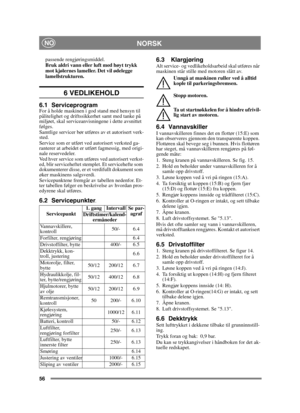 Page 5656
 NORSKNO
passende rengjøringsmiddel.
Bruk aldri vann eller luft med høyt trykk 
mot kjølernes lameller. Det vil ødelegge 
lamellstrukturen.
6 VEDLIKEHOLD
6.1 ServiceprogramFor å holde maskinen i god stand med hensyn til 
pålitelighet og driftssikkerhet samt med tanke på 
miljøet, skal serviceanvisningene i dette avsnittet 
følges.
Samtlige servicer bør utføres av et autorisert verk-
sted.
Service som er utført ved autorisert verksted ga-
ranterer at arbeidet er utført fagmessig, med origi-
nale...