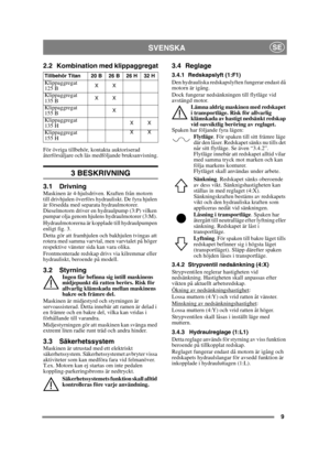 Page 99
SVENSKASE
2.2 Kombination med klippaggregat
För övriga tillbehör, kontakta auktoriserad 
återförsäljare och läs medföljande bruksanvisning.
3 BESKRIVNING
3.1 DrivningMaskinen är 4-hjulsdriven. Kraften från motorn 
till drivhjulen överförs hydrauliskt. De fyra hjulen 
är försedda med separata hydraulmotorer. 
Dieselmotorn driver en hydraulpump (3:P) vilken 
pumpar olja genom hjulens hydraulmotorer (3:M). 
Hydraulmotorerna är kopplade till hydraulpumpen 
enligt fig. 3.
Detta gör att framhjulen och...