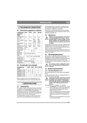 Page 103103
NEDERLANDSNL
2 TECHNISCHE GEGEVENS
2.1 Technische gegevens machine
2.2 Combinatie met maaidek
Neem contact op met een erkende dealer voor 
meer informatie en lees de volgende instructies.
3 BESCHRIJVING
3.1 AandrijvingDe machine heeft vierwielaandrijving. Het motor-
vermogen wordt hydraulisch op de wielen overge-
bracht. De vier wielen hebben afzonderlijke 
hydraulische motoren. De dieselmotor stuurt een 
oliepomp (3:P) aan die olie door de hydraulische 
motoren (3:M) van de wielen pompt. 
De...