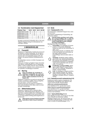 Page 3535
DANSKDK
2.2 Kombination med klippeenhed
Kontakt en autoriseret forhandler eller se den med-
følgende brugsanvisning for informationer om 
yderligere tilbehør.
3 BESKRIVELSE
3.1 FremdriftMaskinen er 4-hjulstrukket. Kraften fra motoren til 
drivhjulene overføres hydraulisk. De fire hjul er 
forsynet med separate hydraulikmotorer. Diesel-
motoren driver en hydraulisk pumpe (3:P), der 
pumper olie gennem hjulenes hydraulikmotorer 
(3:M). 
De hydrauliske motorer er koblet til pumpen som 
vist på fig. 3....