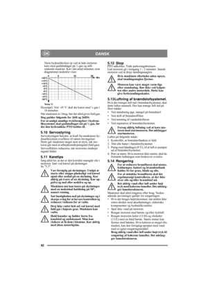 Page 4242
DANSKDK
Varm hydraulikolien op ved at lade motoren 
køre med gashåndtaget på ¼ gas og still-
estående maskine. Kør i det antal minutter, som 
diagrammet nedenfor viser.
Eksempel: Ved -10 °C skal der køres med ¼ gas i 
18 minutter.
Når maskinen er i brug, bør der altid gives fuld gas.
Dog gælder følgende for 26H og 26HS:
For at undgå unødige trykforøgelser i hydrau-
liksystemet skal gashåndtaget stå på ¼ gas, før 
det den hydrauliske PTO kobles til.
5.10 ServostyringServostyringen betyder, at kraft fra...