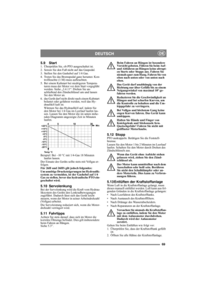 Page 6969
DEUTSCHDE
5.9 Start1.  Überprüfen Sie, ob PTO ausgeschaltet ist. 
2.  Setzen Sie den Fuß nicht auf das Gaspedal. 
3.  Stellen Sie den Gashebel auf 1/4 Gas. 
4.  Treten Sie das Bremspedal ganz herunter. Kon-
trollleuchte (1:M) muss aufleuchten.
5.  Bei einem Kaltstart bei niedrigeren Tempera-
turen muss der Motor vor dem Start vorgeglüht 
werden. Siehe „3.4.11“. Drehen Sie an-
schließend den Zündschlüssel um und lassen 
Sie den Motor an.
6. das Gerät darf nicht direkt nach einem Kaltstart 
belastet...