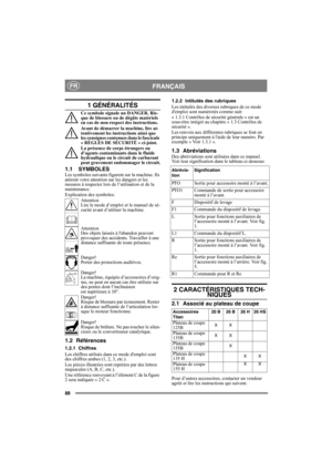 Page 8888
FRANÇAISFR
1 GÉNÉRALITÉS
Ce symbole signale un DANGER. Ris-
que de blessure ou de dégâts matériels 
en cas de non-respect des instructions.
Avant de démarrer la machine, lire at-
tentivement les instructions ainsi que 
les consignes contenues dans le fascicule 
« RÈGLES DE SÉCURITÉ » ci-joint.
La présence de corps étrangers ou 
d’agents contaminants dans le fluide 
hydraulique ou le circuit de carburant 
peut gravement endommager le circuit.
1.1 SYMBOLESLes symboles suivants figurent sur la machine....