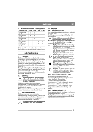 Page 99
SVENSKASE
2.2 Kombination med klippaggregat
För övriga tillbehör, kontakta auktoriserad 
återförsäljare och läs medföljande bruksanvisning.
3 BESKRIVNING
3.1 DrivningMaskinen är 4-hjulsdriven. Kraften från motorn 
till drivhjulen överförs hydrauliskt. De fyra hjulen 
är försedda med separata hydraulmotorer. 
Dieselmotorn driver en hydraulpump (3:P) vilken 
pumpar olja genom hjulens hydraulmotorer (3:M). 
Hydraulmotorerna är kopplade till hydraulpumpen 
enligt fig. 3.
Detta gör att framhjulen och...