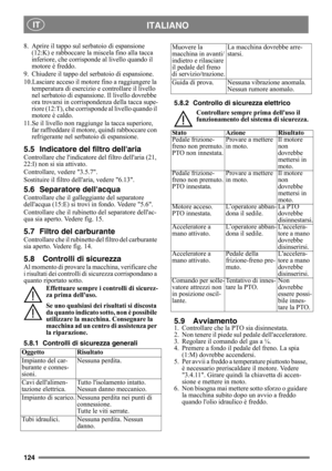 Page 124124
ITALIANO IT
8. Aprire il tappo sul serbatoio di espansione 
(12:K) e rabboccare la miscela fino alla tacca 
inferiore, che corrisponde al livello quando il 
motore è freddo.
9. Chiudere il tappo del serbatoio di espansione.
10.Lasciare acceso il motore fino a raggiungere la 
temperatura di esercizio e controllare il livello 
nel serbatoio di espansione. Il livello dovrebbe 
ora trovarsi in corrispondenza della tacca supe-
riore (12:T), che corrisponde al livello quando il 
motore è caldo. 
11.Se il...