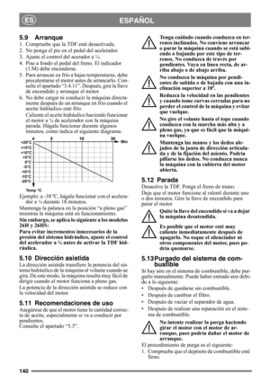 Page 140140
ESPAÑOLES
5.9 Arranque
1.  Compruebe que la TDF está desactivada. 
2.  No ponga el pie en el pedal del acelerador. 
3.  Ajuste el control del acerador a ¼. 
4.  Pise a fondo el pedal del freno. El indicador 
(1:M) debe encenderse.
5.  Para arrancar en frío a bajas temperaturas, debe 
precalentarse el motor antes de arrancarlo. Con-
sulte el apartado “3.4.11”. Después, gire la llave 
de encendido y arranque el motor.
6. No debe cargar ni conducir la máquina directa-
mente después de un arranque en...
