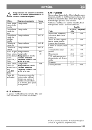 Page 145145
ESPAÑOLES
Tenga cuidado con las correas mientras 
lubrica. Las correas no deben entrar en 
contacto con aceite ni grasa.
6.15 Válvulas
El ajuste y rectificado de las válvulas debe reali-
zarse únicamente en talleres autorizados.
6.16 Fusibles
Si se produce alguno de los fallos indicados a con-
tinuación, cambie el fusible correspondiente. Los 
fusibles se encuentran bajo la tapa de la figura 25. 
Retire la tapa quitando los 5 tornillos.
Verifique y sustituya los fusibles fundidos. Si el 
fallo...