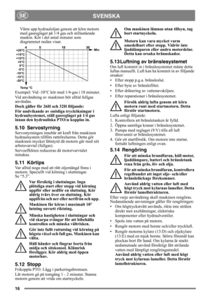 Page 1616
SVENSKASE
Värm upp hydrauloljan genom att köra motorn 
med gasreglaget på 1/4 gas och stillastående 
maskin. Kör i det antal minuter som 
diagrammet nedan visar.
Exempel: Vid -10°C kör med 1/4-gas i 18 minuter.
Vid användning av maskinen bör alltid fullgas 
användas.
Dock gäller för 26H och 32H följande:
För undvikande av onödiga tryckökningar i 
hydraulsystemet, ställ gasreglaget på 1/4 gas 
innan den hydrauliska PTO:n kopplas in.
5.10 Servostyrning
Servostyrningen innebär att kraft från maskinen...