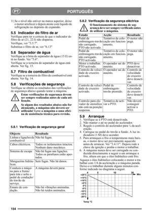 Page 154154
PORTUGUÊSPT
11.Se o nível não estiver na marca superior, deixe 
o motor arrefecer e depois ateste com líquido de 
refrigeração no depósito de expansão.
5.5 Indicador do filtro de ar
Verifique para ter a certeza de que o indicador do 
filtro de ar (21, 22:I) não disparou. 
Verifique, ver 3.5.7.
Substitua o filtro de ar, ver 6.13
5.6 Separador de água
Verifique se a bóia do separador de água (15:E) es-
tá no fundo. Ver 5.6.
Verifique se a torneira do separador de água está 
aberta. Ver fig. 15.
5.7...