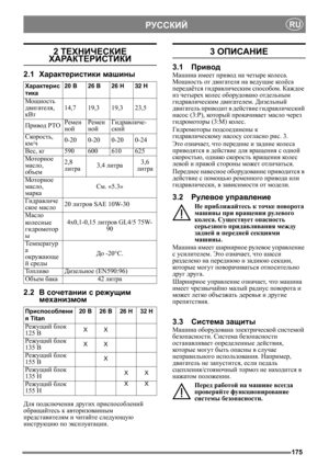 Page 175175
РУССКИЙRU
2 ТЕХНИЧЕСКИЕ 
ХАРАКТЕРИСТИКИ
2.1Характеристики машины
2.2В сочетании с режущим 
механизмом
Для подключения других приспособлений 
обращайтесь к авторизованным 
представителям и читайте следующую 
инструкцию по эксплуатации.
3 ОПИСАНИЕ
3.1Привод
Машина имеет привод на четыре кол е с а. 
Мощность от двигателя на ведущие кол ё с а 
передаётся гидравлическим способом. Каждое 
из четырех кол е с оборудовано отдельным 
гидравлическим двигателем. Дизельный 
двигатель приводит в действие...