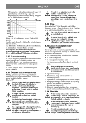 Page 213213
MAGYARHU
Melegítse fel a hidraulika olajat azzal, hogy 1/4 
gázzal járatja a motort, míg a gép álló 
helyzetben van. Járassa néhány percig, ahogyan 
azt az alábbi diagram mutatja.
Példa: -10 °C-on járassa a motort Ľ gázzal 18 
percig.
Amikor a gép üzemel, a fojtószelep mindig legyen 
teljesen nyitva.
Az alábbiak a 26H-ra és a 32H-re vonatkoznak.
A hidraulikus rendszerben a nyomás 
szükségtelen növekedésének megelőzése 
érdekében állítsák a fojtószelep szabályozását 
1/4-re a hidraulikus PTO...