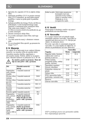 Page 230230
SLOVENSKOSL
2. Sprostite dve zaponki (23:X) in odprite ohišje 
filtra.
3. Odstranite predfilter (23:V) in pustite notranji 
filter (23:U) nameščen, da med spihovanjem 
predfiltra v motor ne pride prah in podobna 
nesnaga.
4. Spihajte predfilter do čistega. Pazite, da filtra ne 
poškodujete. Curek komprimiranega zraka 
usmerite iz notranjosti proti zunanjosti filtra. 
Tlak zraka mora znašati 3–5 bar.
Če filtra ne morete očistiti ali je poškodovan, ga 
je treba zamenjati.
5. Očistite notranjost ohišja...