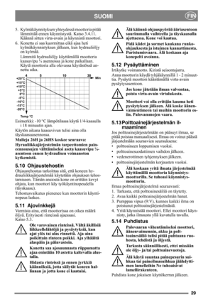 Page 2929
SUOMIFIN
5.  Kylmäkäynnityksen yhteydessä moottoria pitää 
lämmittää ennen käynnistystä. Katso 3.4.11. 
Käännä sitten virta-avain ja käynnistä moottori.
6. Konetta ei saa kuormittaa eikä ajaa heti 
kylmäkäynnistyksen jälkeen, kun hydrauliöljy 
on kylmää.
Lämmitä hydrauliöljy käyttämällä moottoria 
kaasuvipu ¼ asennossa ja kone paikallaan. 
Käytä moottoria alla olevassa käyrästössä an-
nettu aika.
Esimerkki: -10 °C lämpötilassa käytä 1/4-kaasulla 
i 18 minuutin ajan.
Käytön aikana kaasuvivun tulisi...