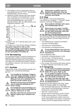 Page 4242
DANSKDK
5.  Ved koldstart ved lave temperaturer skal mo-
toren glødes før start. Se 3.4.11. Drej derefter 
tændingsnøglen og start motoren.
6. Maskinen må ikke belastes eller køres direkte 
efter en koldstart, da hydraulikolien er kold.
Varm hydraulikolien op ved at lade motoren 
køre med gashåndtaget på ¼ gas og still-
estående maskine. Kør i det antal minutter, som 
diagrammet nedenfor viser.
Eksempel: Ved -10 °C skal der køres med ¼ gas i 
18 minutter.
Når maskinen er i brug, bør der altid gives...