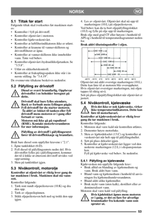 Page 5353
 NORSKNO
5.1 Tiltak før start
Følgende tiltak skal iverksettes før maskinen start-
es:
• Kontroller / fyll på drivstoff.
• Kontroller oljenivået i motoren.
• Kontroller kjølevæskenivået.
• Kontroller at luftfilterindikatoren ikke er utløst.
• Kontroller at kranene til vannavskilleren og 
drivstoffilteret er åpne.
• Kontroller at vannavskilleren ikke inneholder 
vann. Tøm ved behov.
• Kontroller oljenivået i hydraulikkoljetanken. Se 
3.5.8.
• Utfør en sikkerhetskontroll.
• Kontroller at...