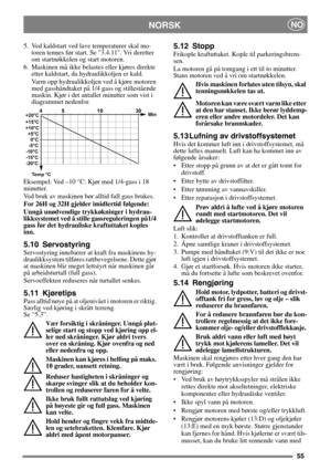 Page 5555
 NORSKNO
5.  Ved kaldstart ved lave temperaturer skal mo-
toren tennes før start. Se 3.4.11. Vri deretter 
om startnøkkelen og start motoren.
6. Maskinen må ikke belastes eller kjøres direkte 
etter kaldstart, da hydraulikkoljen er kald.
Varm opp hydraulikkoljen ved å kjøre motoren 
med gasshåndtaket på 1/4 gass og stillestående 
maskin. Kjør i det antallet minutter som vist i 
diagrammet nedenfor.
Eksempel: Ved –10 °C: Kjør med 1/4-gass i 18 
minutter.
Ved bruk av maskinen bør alltid full gass...