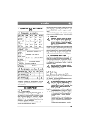 Page 2323
ESPAÑOLES
2 ESPECIFICACIONES TÉCNI-CAS
2.1 Datos sobre la máquina
2.2 Combinación con placa de corte
Póngase en contacto con un distribuidor autoriza-
do y lea las siguientes instrucciones de uso para 
otros accesorios.
3 DESCRIPCIÓN
3.1 TransmisiónLa máquina es de tracción a las cuatro ruedas. El 
sistema de transmisión de la potencia del motor a 
las ruedas es de tipo hidráulico. Las cuatro ruedas 
están equipadas con motores hidráulicos indepen-
dientes. El motor diésel acciona una bomba hid-...