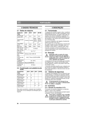 Page 3838
PORTUGUÊSPT
2 DADOS TÉCNICOS
2.1 Dados da máquina
2.2 Combinação com plataforma de 
corte
Para outros acessórios, contactar um revendedor 
autorizado e ler as instruções de utilização que se 
seguem.
3 DESCRIÇÃO
3.1 TransmissãoA máquina tem tracção às quatro rodas. A potência 
transmitida do motor às rodas comandadas é trans-
ferida hidraulicamente. As quatro rodas estão eq-
uipadas com motores hidráulicos separados. O 
motor diesel acciona uma bomba hidráulica (3:P) 
que bombeia o óleo através dos...
