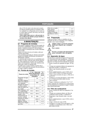 Page 4747
PORTUGUÊSPT
óleo (13:E) do motor com uma escova macia. 
Os objectos grandes podem ser retirados à mão. 
Se o radiador ou o refrigerador estiver muito su-
jo, utilize água corrente, sem força, com um de-
tergente adequado.
Nunca utilize água nem ar a alta pressão so-
bre as alhetas do radiador porque danifica a 
estrutura das alhetas.
6 MANUTENÇÃO
6.1 Programa de revisõesPara manter a máquina sempre em bom estado rel-
ativamente a fiabilidade e segurança de funciona-
mento, e também do ponto de vista...