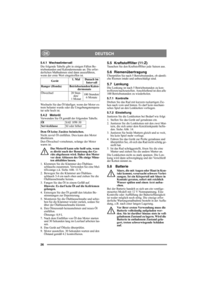 Page 2626
DEUTSCHDE
5.4.1 Wechselintervall
Die folgende Tabelle gibt in einigen Fällen Be-
triebsstunden und Kalendermonate an. Die erfor-
derlichen Maßnahmen sind dann auszuführen, 
wenn der erste Wert eingetroffen ist.
Wechseln Sie das Öl häufiger, wenn der Motor ex-
trem belastet wurde oder die Umgebungstempera-
tur sehr hoch ist.
5.4.2  Motoröl
Verwenden Sie Öl gemäß der folgenden Tabelle.
Dem Öl keine Zusätze beimischen.
Nicht zuviel Öl einfüllen. Dies kann den Motor 
überhitzen. 
Den Ölwechsel vornehmen,...