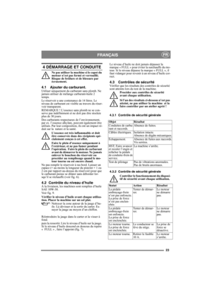 Page 2323
FRANÇAISFR
4 DÉMARRAGE ET CONDUITE
Ne pas utiliser la machine si le capot du 
moteur n’est pas fermé et verrouillé. 
Risque de brûlure et de blessure par 
écrasement.
4.1 Ajouter du carburant.Utiliser uniquement du carburant sans plomb. Ne 
jamais utiliser de mélange carburant-huile 2 
temps.
Le réservoir a une contenance de 14 litres. Le 
niveau de carburant est visible au travers du réser-
voir transparent.
REMARQUE ! L’essence sans plomb ne se con-
serve pas indéfiniment et ne doit pas être stockée...