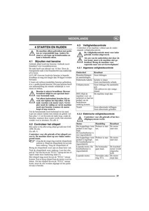 Page 3131
NEDERLANDSNL
4 STARTEN EN RIJDEN
De machine alleen gebruiken met geslo-
ten en vergrendelde kap. Anders be-
staat er een kans op brandwonden en 
kunt u bekneld raken.
4.1 Bijvullen met benzineGebruik altijd loodvrije benzine. Gebruik nooit 
brandstof voor tweetaktmotoren.
De tank heeft een inhoud van 14 liter. Door de 
transparante tank is het brandstofniveau makkelijk 
af te lezen.
LET OP! Gewone loodvrije benzine is beperkt 
houdbaar en mag niet langer dan 30 dagen worden 
bewaard.
U kunt ook...