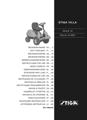 Page 1STIGA VILLA
VILLA 12
VILLA 12 HST
8211-0036-00
BRUKSANVISNING KÄYTTÖOHJEET
BRUGSANVISNING BRUKSANVISNING
GEBRAUCHSANWEISUNG INSTRUCTIONS FOR USE MODE D’EMPLOI
GEBRUIKSAANWIJZING ISTRUZIONI PER L’USO
INSTRUCCIONES DE USO
INSTRUÇõES DE UTILIZAÇÃO INSTRUKCJA OBS ŁUGI
ИНСТРУКЦИЯ  ПОЛЬЗОВАТЕЛЯ
NÁVOD K POUŽITÍ
HASZNÁLATI UTASÍTÁS
NAVODILA ZA UPORABO
KASUTUSJUHISED
NAUDOJIMO INSTRUKCIJOS LIETOŠANAS INSTRUKCIJA SV .... 5
FI ....12
DA .... 19
NO ... 26
DE .... 33
EN .... 41
FR .... 48
NL .... 56
IT...... 64
ES...