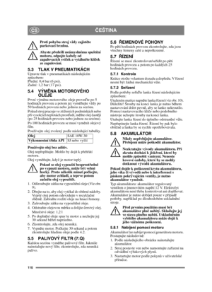 Page 110110
ČEŠTINACS
Proti pohybu stroj vždy zajist ěte 
parkovací brzdou.
Abyste p ředešli neúmyslnému spušt ění 
motoru, odpojte kabely od 
zapalovacích sví ček a vytáhn ěte klí ček 
ze zapalování. 
5.3 TLAK V PNEUMATIKÁCHUpravte tlak v pneumatikách následujícím 
zp ůsobem:
P řední: 0,4 bar (6 psi). 
Zadní: 1,2 bar (17 psi). 
5.4 VÝM ĚNA MOTOROVÉHO 
OLEJE
První vým ěnu motorového oleje prove ďte po 5 
hodinách provozu a potom jej vym ěňujte vždy po 
50 hodinách provozu nebo jednou za sezónu. 
Pokud stroj...