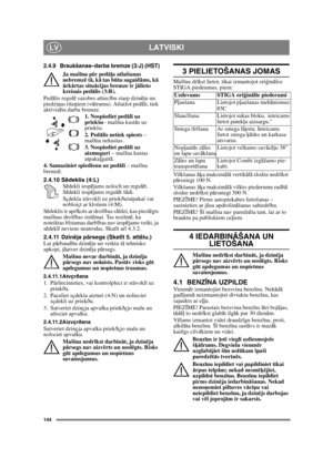 Page 144144
LATVISKILV
2.4.9 Braukšanas–darba bremze (3:J) (HST)
Ja mašīna pē c pedāļa atlaišanas 
nebremz ē t ā, k ā tas b ūtu sagaid āms, k ā 
ā rk ārtas situ ācijas bremze ir j ālieto 
kreisais pedā lis (3:B).
Ped ālis regul ē sazobes attiec ību starp dzin ēju un 
piedzi ņas rite ņiem (= ātrumu). Atlaižot ped āli, tiek 
aktiviz ēta darba bremze.
1. Nospiediet ped āli uz 
priekšu – mašīna kust ās uz 
priekšu.
2. Ped ālis netiek spiests  – 
maš īna nekustas.
3. Nospiediet ped āli uz 
aizmuguri  – mašīna kustas...