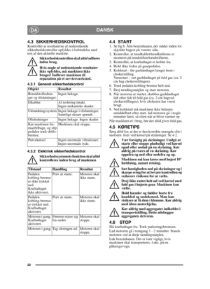 Page 2222
DANSKDA
4.3 SIKKERHEDSKONTROLKontrollér at resultaterne af nedenstående 
sikkerhedskontroller opfyldes i forbindelse med 
test af den aktuelle maskine.Sikkerhedskontrollen skal altid udføres 
inden brug.
Hvis nogle af nedenstående resultater 
ikke opfyldes, må maskinen ikke 
bruges! Indlever maskinen til 
reparation på et serviceværksted.
4.3.1 Generel sikkerhedskontrol
4.3.2 Elektrisk sikkerhedskontrol Sikkerhedssystemets funktion skal altid 
kontrolleres inden brug af maskinen4.4 START1. Se fig 8....