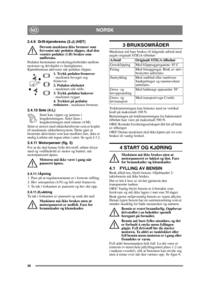 Page 2828
NORSKNO
2.4.9 Drift-kjørebrems (3:J) (HST)Dersom maskinen ikke bremser som 
forventet når pedalen slippes, skal den 
venstre pedalen (1:B) brukes som 
nødbrems.
Pedalen bestemmer utvekslingsforholdet mellom 
motoren og drivhjulet (= hastigheten). 
Kjørebremsen aktiveres når pedalen slippes. 1. Trykk pedalen fremover  
- maskinen beveger seg 
fremover.
2. Pedalen ubelastet  
- maskinen står stille.
3. Trykk pedalen bakover  
- maskinen rygger.
4. Trykket på pedalen 
reduseres  - maskinen bremser....