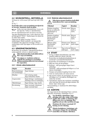 Page 88
SVENSKASE
4.2 NIVÅKONTROLL, MOTOROLJA Vevhuset är vid leverans fyllt med olja SAE 10W-
30.
Se fig. 7.
Kontrollera före varje användning att oljenivån 
är korrekt. Maskinen skall stå plant.Torka rent runt oljemätstickan. Lossa och 
dra upp den. Torka av oljemätstickan. 
För ner oljemätstickan helt och skruva fast den.
Tag upp oljemätstickan igen. Avläs oljenivån. Fyll 
på olja upp till “FULL”-markeringen om oljenivån 
är under detta märke.
Oljenivån får aldrig överstiga “FULL”-
markeringen. Detta...