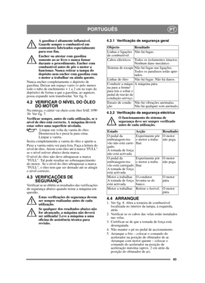 Page 8383
PORTUGUÊSPT
A gasolina é altamente inflamável. 
Guarde sempre o combustível em 
contentores fabricados especialmente 
para esse fim. 
Encher ou atestar com gasolina 
somente ao ar livre e nunca fumar 
durante o procedimento. Encher com 
combustível antes de pôr o motor a 
funcionar. Nunca retirar a tampa do 
depósito nem encher com gasolina com 
o motor a trabalhar ou ainda quente.
Nunca encher completamente o depósito de 
gasolina. Deixar um espaço vazio (= pelo menos 
todo o tubo de enchimento + 1 a...