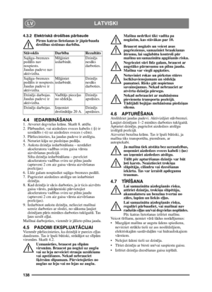 Page 138138
LATVISKILV
4.3.2 Elektriskā droš ības p ārbaude
Pirms katras lietošanas ir j āp ārbauda 
droš ības sist ēmas darb ība.
4.4 IEDARBIN ĀŠANA1.  Atveriet degvielas kr ānu. Skat īt 8. attē lu.
2. P ārbaudiet, vai aizdedzes sveces kabelis (- ļi) ir 
uzst ād īts (-ti) uz aizdedzes sveces (-c ēm).
3. P ārliecinieties, ka jaudas padeve ir atsl ēgta. 
4. Neturiet k āju uz piedzi ņas ped āļa. 
5. Auksta dzin ēja iedarbin āšana – uzst ādiet 
akseleratora vad ības sviru gaisa vā rsta 
aizv ēršanas poz īcij ā....