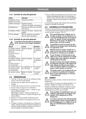 Page 5151
FRANÇAISFR
4.3.1 Contrôle de sécurité générale 
4.3.2 Contrôle de sécurité générale Contrôler le fonctionnement du disposi-
tif de sécurité avant chaque utilisation.
4.4 DÉMARRAGE1.  Voir fig. 8. Ouvrir l’arrivée de carburant située sous le couvercle côté gauche.
2.  Vérifier que les câbles sont raccordés aux  bougies.
3.  Vérifier que la prise de force n’est pas activée. 
4.  Ne pas laisser le pied sur l’accélérateur. 
5.  Démarrage à froid du moteur – mettre la man- ette en position choke....
