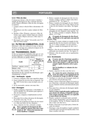 Page 108108
PORTUGUÊSPT
5.4.3 Filtro do óleo
Começar por drenar o óleo do motor e instalar o 
tampão de drenagem do óleo conforme descrito 
acima. Depois substituir o filtro do óleo, da seguin-
te maneira:
1. Limpar a área à volta do filtro e desmontar o fil-
tro.
2. Humedecer com óleo a junta vedante do filtro 
novo.
6. Instalar o filtro. Primeiro, enroscar o filtro de 
forma a que a junta vedante fique em contacto 
com o motor. Depois enroscar o filtro mais ½ - 
¾ de volta.
7. Prosseguir com o ponto 7 de...