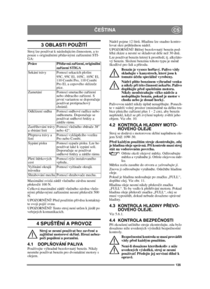 Page 135135
ČEŠTINACS
3 OBLASTI POUŽITÍ
Stroj lze používat k následujícím činnostem, a to 
pouze s originálními přídavnými zařízeními STI-
GA:
Maximální svislá zátěž vlečného závěsu nesmí 
překročit 100 N.
Celková maximální zátěž vlečného závěsu vleče-
nými přídavnými zařízeními nesmí překročit 500 
N.
UPOZORNĚNÍ! Před použitím přívěsu kontaktuj-
te svoji pojišovnu.
UPOZORNĚNÍ! Tento stroj není určen k jízdě po 
veřejných komunikacích.
4 SPUŠTĚNÍ A PROVOZ
Stroj se nesmí používat bez zavřené a 
zajištěné motorové...
